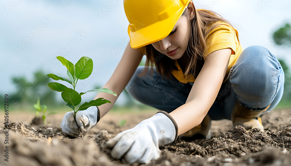 Poster engineers planting native species using sensors to enhance eco-friendly practices in sustainable agr