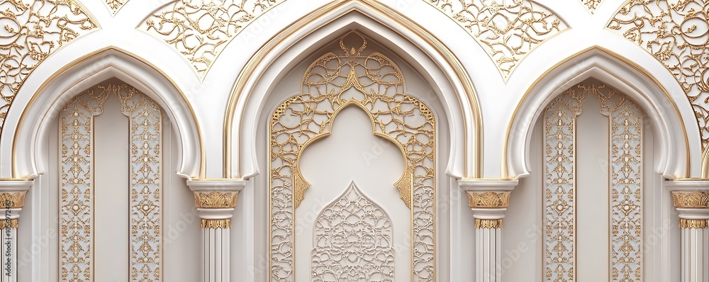 Poster ornate architectural design featuring intricate golden patterns and arches.
