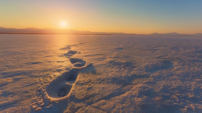 Desert Footprints Journey, traces in golden sand lead towards a vibrant horizon, inviting stories of wanderers and adventures untold