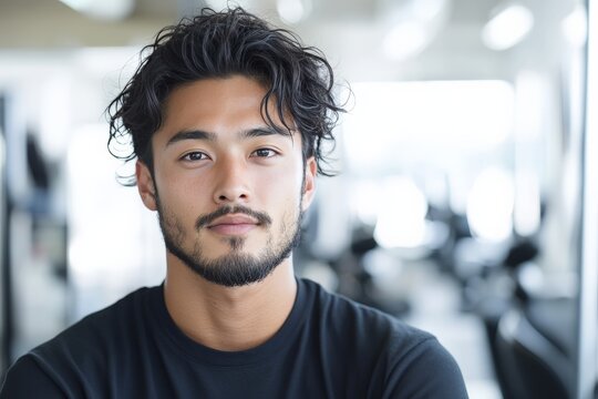 A young man with a beard and tousled hair is gazing confidently at the camera, exuding a sense of poise and contemporary fashion in a modern setting.