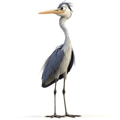 Fototapeta premium A cartoon heron standing with long legs on a white background.