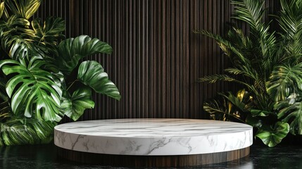 Round white marble podium on black and brown wood with tropical leaf accents; modern and elegant design