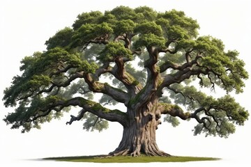 An old oak tree with exposed roots stands in a lush park surrounded by green grass and vibrant foliage isolated white background