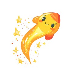 A cheerful cartoon comet with a trail of sparkles on a white background.