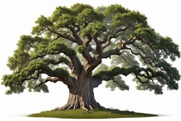 An old oak tree with exposed roots stands in a lush park surrounded by green grass and vibrant foliage isolated white background
