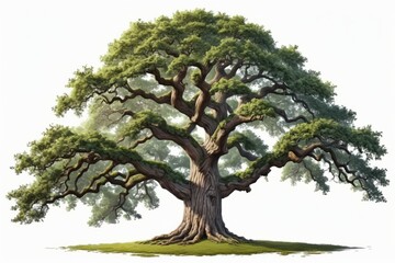 An old oak tree with exposed roots stands in a lush park surrounded by green grass and vibrant foliage isolated white background