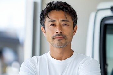 A confident man, wearing a white shirt, stands with crossed arms, exuding poise and friendliness. He stands outdoors against an urban backdrop suggesting modernity.