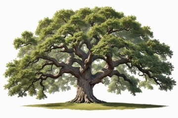 An old oak tree with exposed roots stands in a lush park surrounded by green grass and vibrant foliage isolated white background