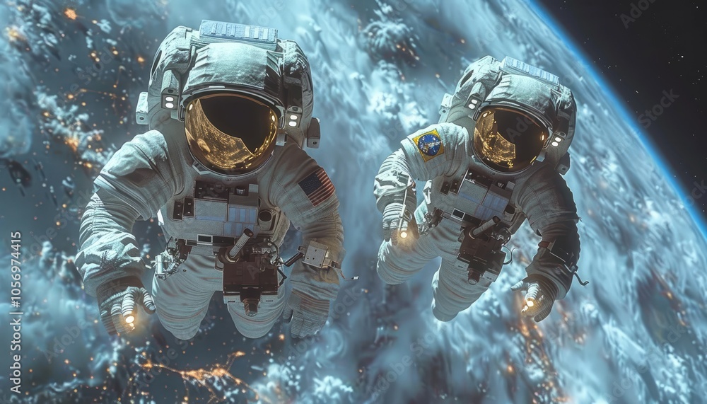 Wall mural two astronauts floating in space over a planet