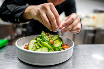 Close-up of a chef’s hands garnishing a fresh salad with herbs in a white bowl, kitchen background. The image captures the essence of culinary art and the freshness of ingredients