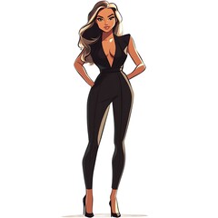 Fototapeta premium Cartoon girl in a sleek jumpsuit and high heels on a white background.