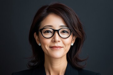 Fototapeta premium A confident woman smiles warmly, wearing glasses and earrings in a studio setting, exuding elegance and professionalism with a hint of charm.