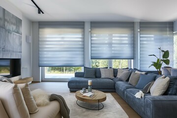 A living room with a blue couch and a white chair