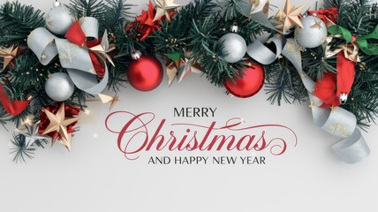 Festive Christmas and New Year Decoration with Red and Silver Ornaments