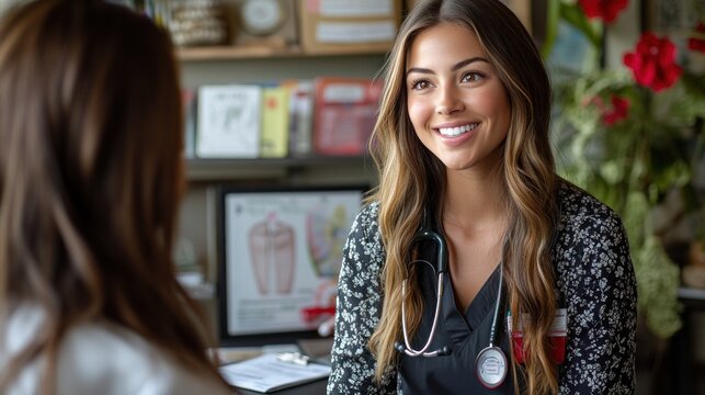 A smiling healthcare professional engaging with a patient.