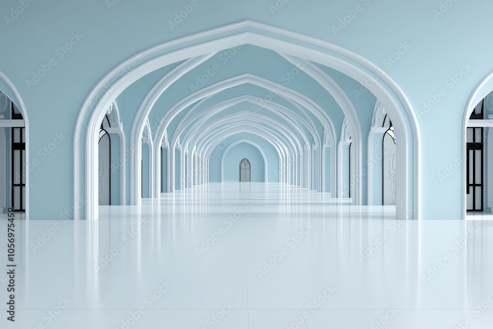 Poster This image features a series of elegant, symmetrical blue arches interplaying with light and shadow, creating a mesmerizing infinite perspective effect in a tranquil setting.