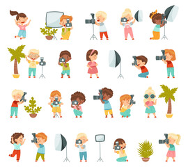 Cute Little Boy and Girl with Camera Taking Photograph and Posing with Studio Lighting Vector Set