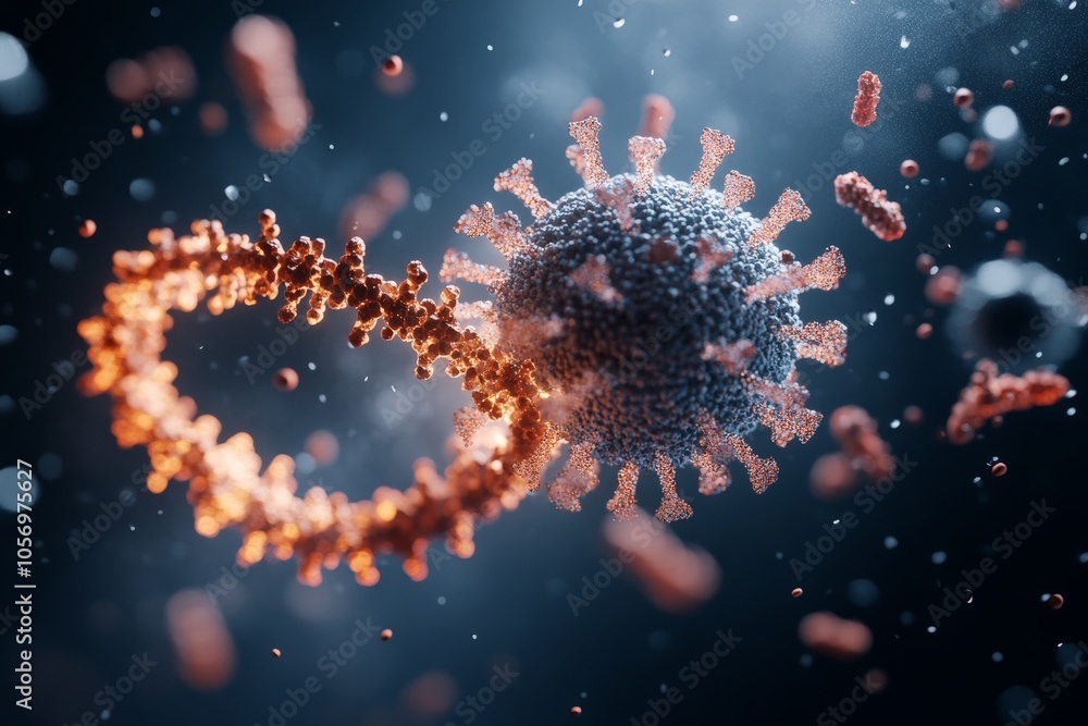 Poster a representation of a virus-like or molecular structure, surrounded by glowing particles, demonstrat