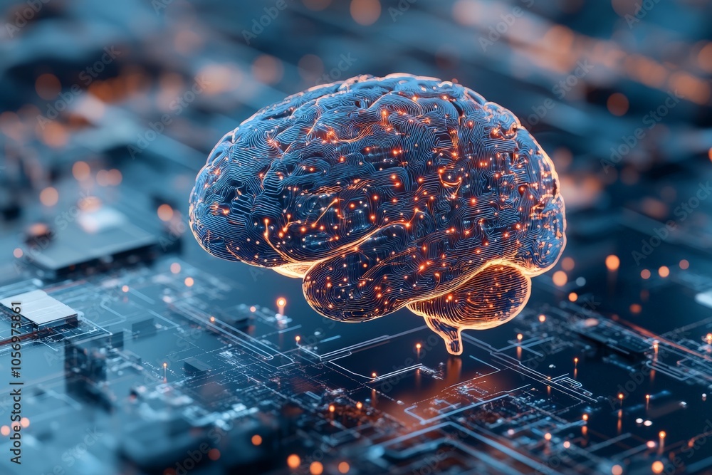 Poster an advanced neural network brain vividly illustrated with glowing circuits, symbolizing intricate co