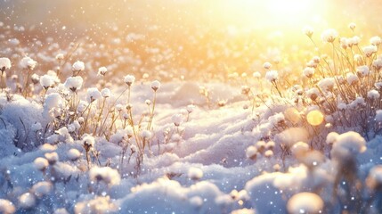 Snow-covered field of flowers with warm sunlight shining softly; peaceful and serene winter landscape