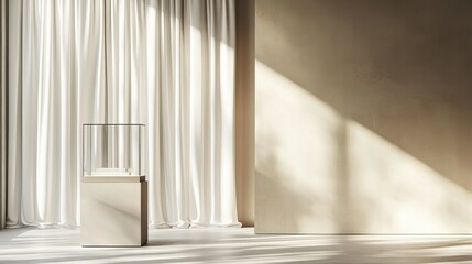 Sophisticated display case on pedestal in sunlit room, curtain backdrop; stylish and minimalist layout