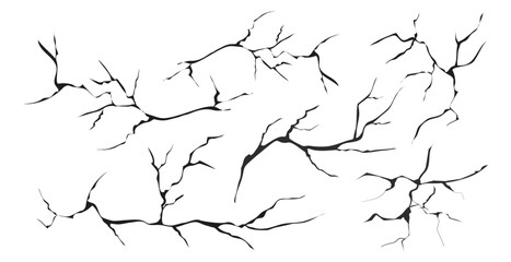 Cracked glass, wall, egg, fissures in ground top view. Set concrete, crevices from disaster, surface from earthquake, Ruined breaked land surface doodle, hand drawn