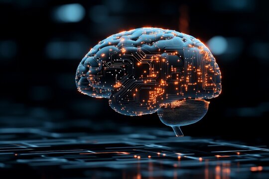 A futuristic digital brain highlighted with illuminated networks and intricate circuitry, representing the integration of technology and advanced neural connections.