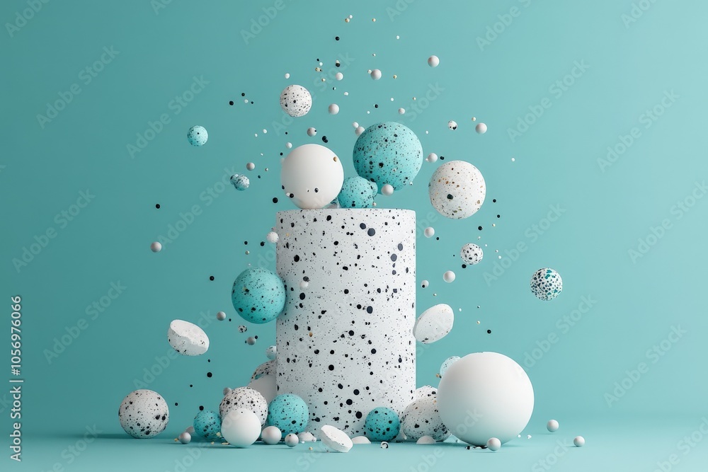 Poster artistic arrangement of spheres floating against a teal background, conveying motion and playfulness
