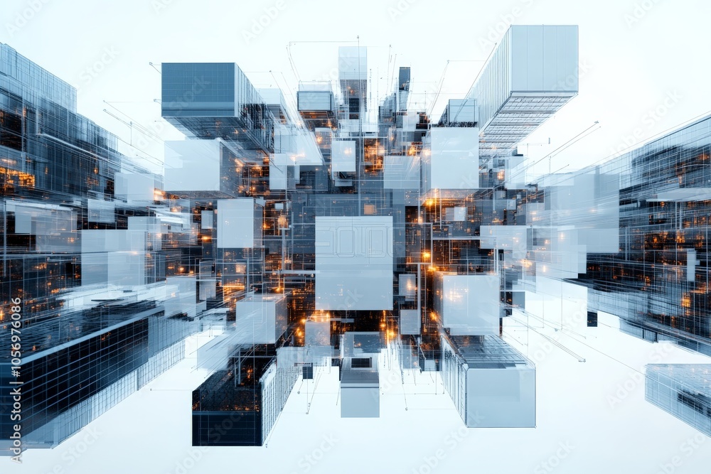 Poster blocky cityscape with glowing elements creating a futuristic atmosphere, featuring abstract geometri