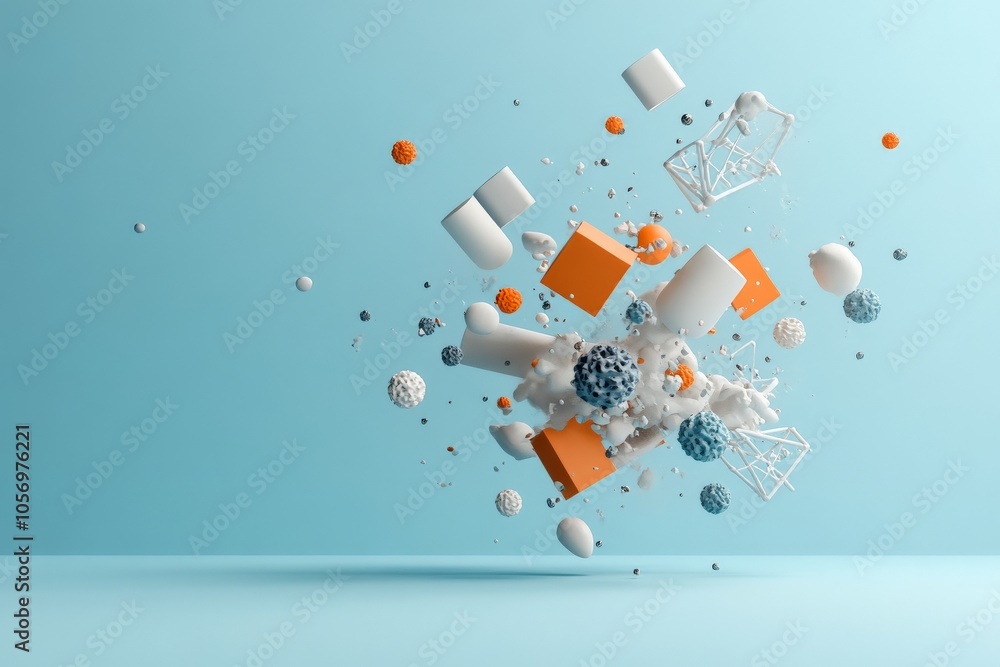 Poster a dynamic composition of geometric shapes in various colors floats against a flat blue backdrop, cre