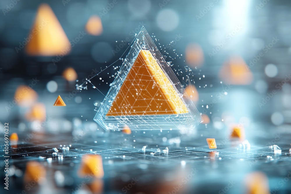 Poster geometric orange triangles illuminated against a futuristic dark background, showcasing a digital gr