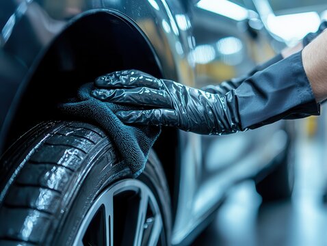 A person wearing gloves is cleaning a car tire with a cloth, focusing on maintaining the vehicle's appearance and cleanliness.