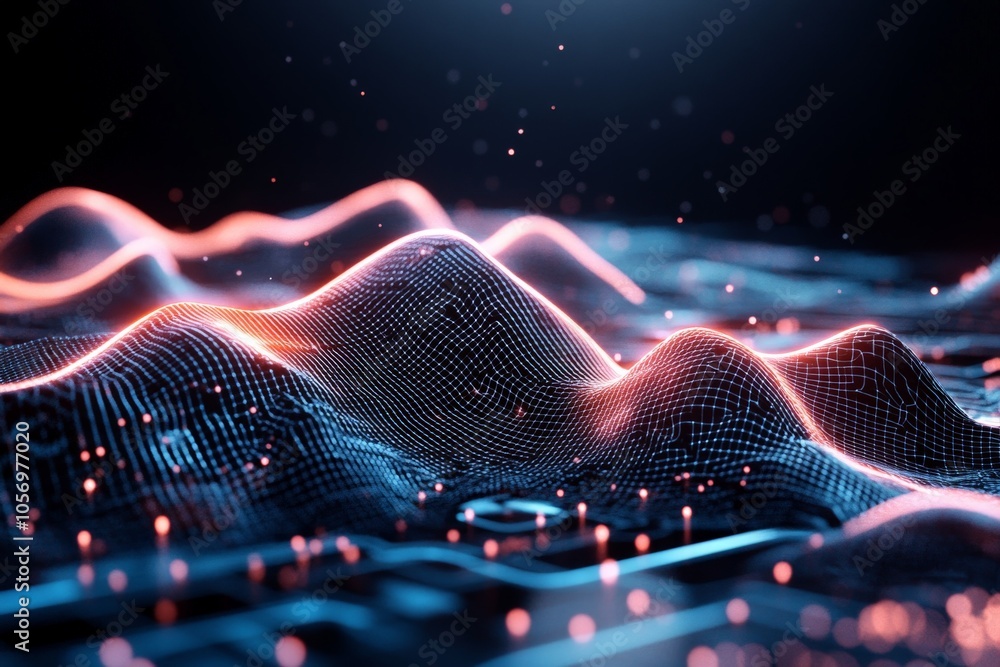 Poster An abstract depiction of glowing orange waveforms traversing a dark circuit board, suggesting connection and high-tech innovation through artistic digital lines and patterns.