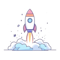 Cartoon rocket ship launching into space on a white background.