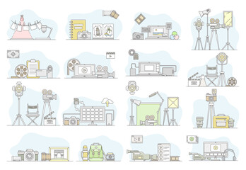 Photo and Video Linear Icon and Outline Object Composition Vector Set