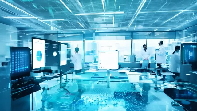 Researchers in a laboratory analyzing virus mutations and DNA sequencing to advance medical knowledge