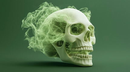 Digital of a human skull with swirling green smoke or vapor enveloping it on a green background