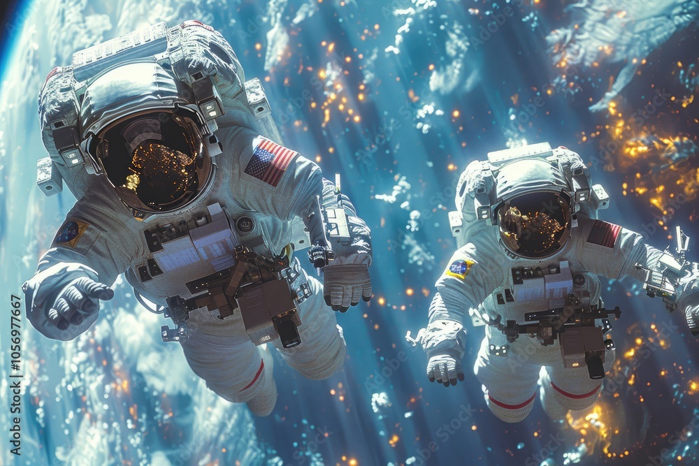 Wall mural two astronauts floating in space with earth in background