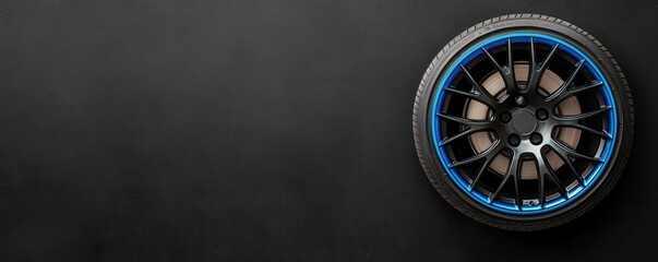 A sleek black car wheel with blue accents rests on a dark surface, showcasing a modern and stylish design ideal for automotive enthusiasts.