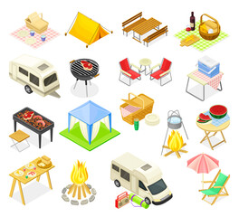 Picnic and Outdoor Eating Isometric Object and Element Big Vector Set