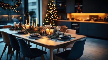 Festive dining table with candles and decorations in a modern kitchen, featuring a Christmas tree and warm ambient lighting
