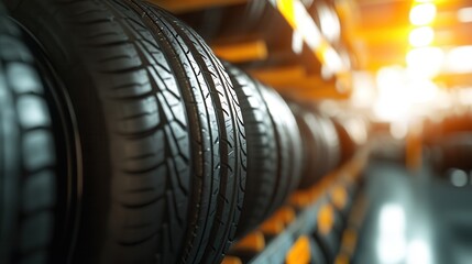 A close-up view of stacked tires in a storage area, highlighting their tread patterns and texture with a soft-focus background.