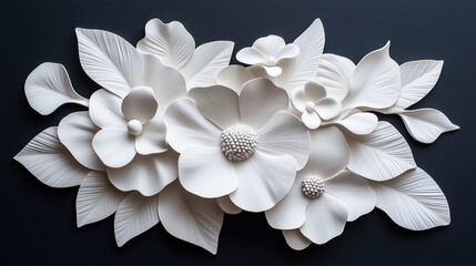 White paper art composition featuring intricate floral designs with blooming flowers and detailed leaves on a plain dark background.