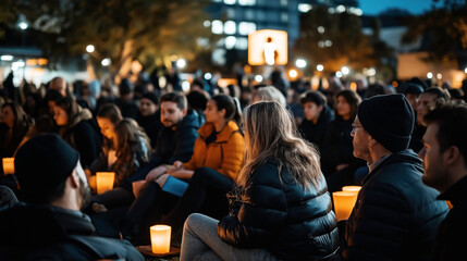 Naklejka premium Group of people gathered in outdoor night vigil holding candles in urban setting