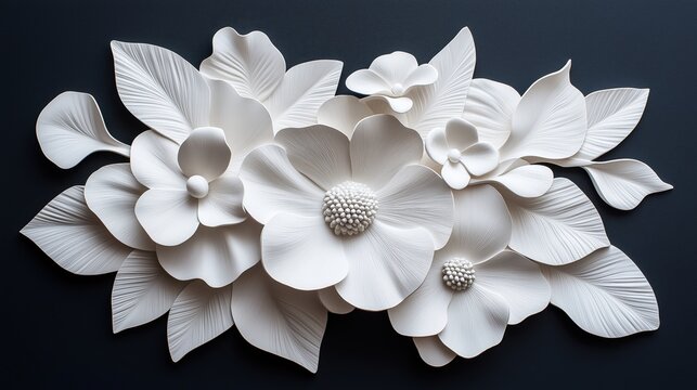 White paper art composition featuring intricate floral designs with blooming flowers and detailed leaves on a plain dark background.