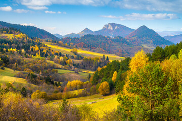 Mountain landscape in the Pieniny National Park at the foot of the Tatra Mountains. Pieniny Park is located on the border of Poland and Slovakia