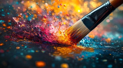 Fototapeta premium Paintbrush Plunged into a Vibrant Spatter of Colors