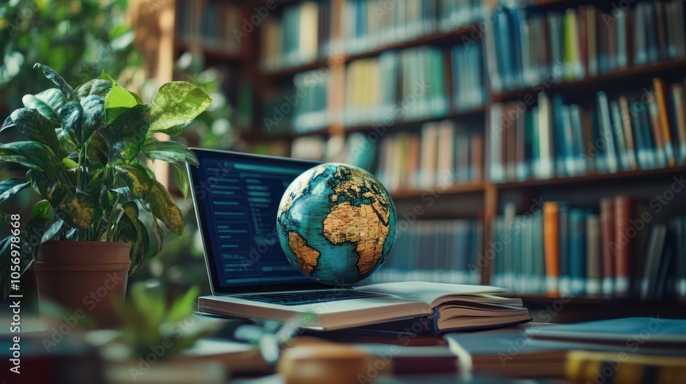 Poster a globe rests on an open book beside a laptop in a library, symbolizing knowledge and exploration.