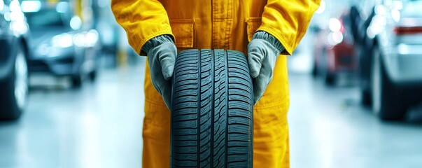 A mechanic in a yellow jumpsuit holds a tire in a well-lit garage, surrounded by vehicles, emphasizing automotive maintenance and care.