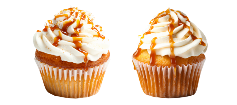Caramel cupcake or muffin topped with rich whipped creamy frosting and drizzled with caramel syrup isolated on white transparent background
